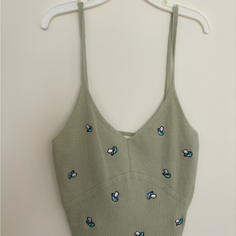La Hearts Sage Green Knit Ribbed Mushroom Embroidered Tank Top